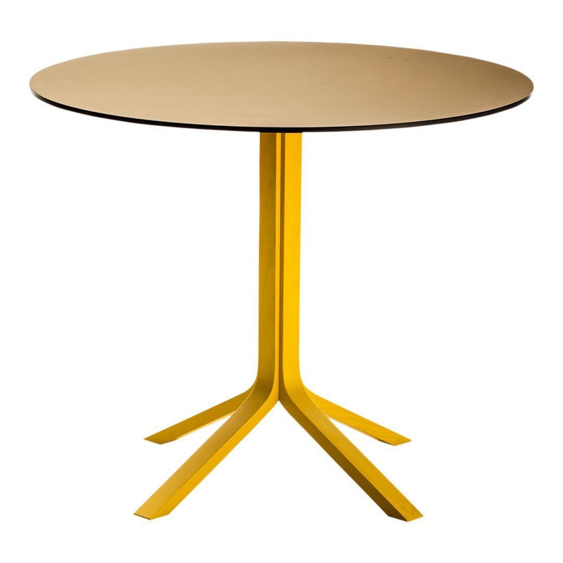 Round table with a gold top and a vibrant yellow base, featuring a sleek, modern design.