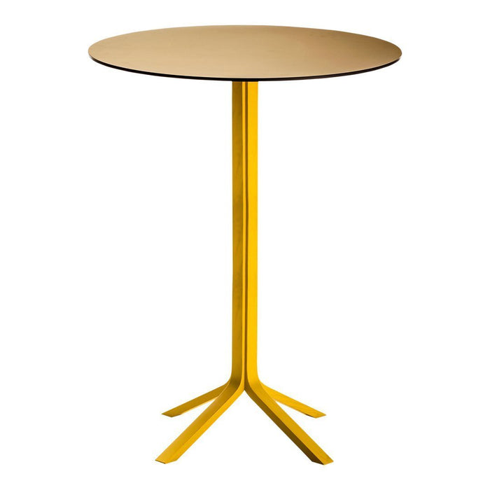 Round table with a natural wood top and bright yellow tripod legs for a cheerful, modern accent.
