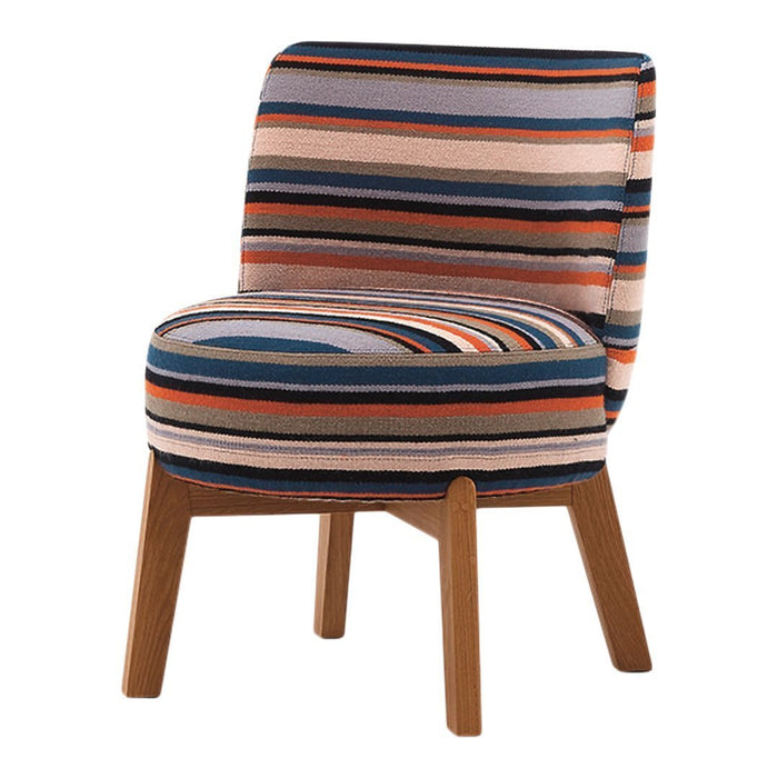Colorful striped accent chair featuring bold blue, orange, and tan patterns with wooden legs. Perfect for any stylish space.