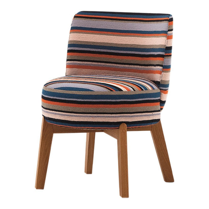 Colorful striped chair featuring blue, orange, and beige patterns with wooden legs, perfect for stylish interiors.