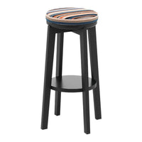 Black wooden bar stool with a round, multicolored striped cushion featuring orange, blue, and cream tones. 