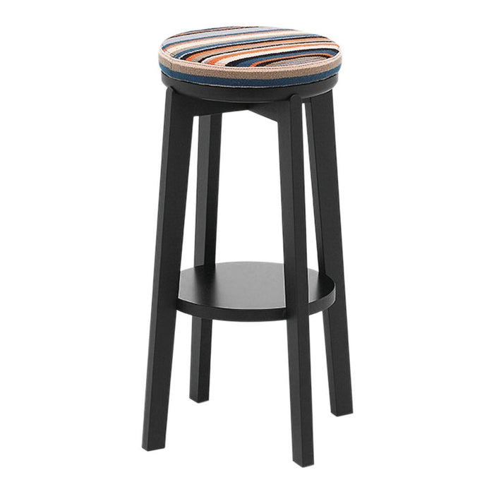 Black wooden bar stool with a round, multicolored striped cushion featuring orange, blue, and cream tones. 