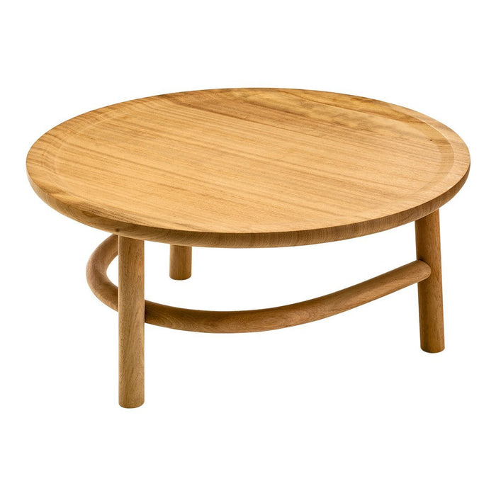 Natural wood coffee table with a smooth, round top and curved legs, showcasing warm tones and a minimalist design.