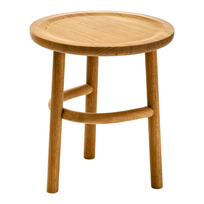 Natural wood stool with a light oak finish and smooth, solid round tabletop. Minimalist design, no patterns.