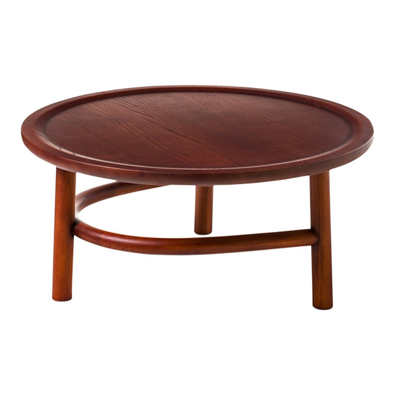 Round wooden coffee table in deep brown with smooth finish and minimalist design. Perfect for modern decor.
