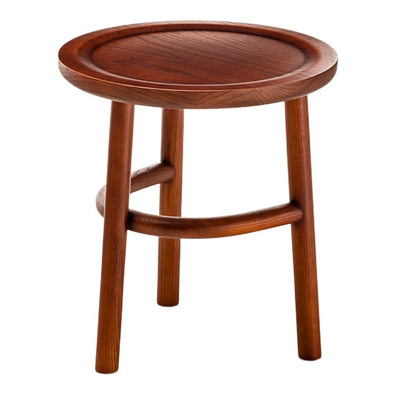 Round wooden stool in rich brown with a smooth, circular tabletop and sturdy, tapered legs. Classic minimalist design.