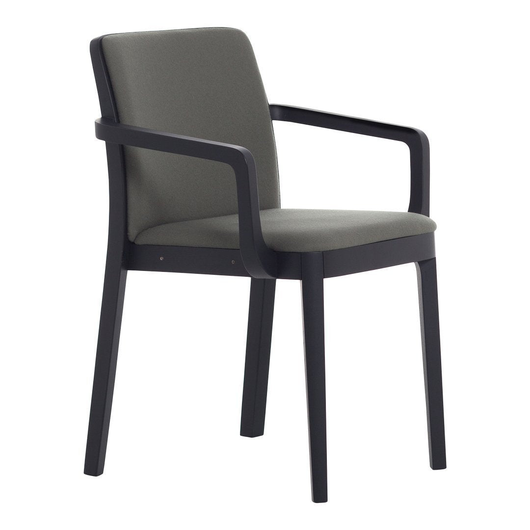 Gray upholstered chair with black wooden frame, featuring smooth lines and a minimalist design. Perfect for modern spaces.