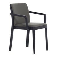 Gray upholstered chair with black wooden frame, featuring smooth lines and a minimalist design. Perfect for modern spaces.