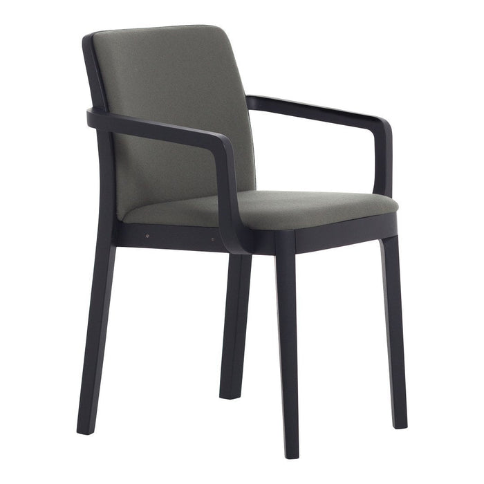Gray upholstered chair with black wooden frame, featuring smooth lines and a minimalist design. Perfect for modern spaces.