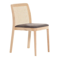 Natural wood chair with a woven rattan backrest and a dark gray upholstered seat. Modern, minimalist design.