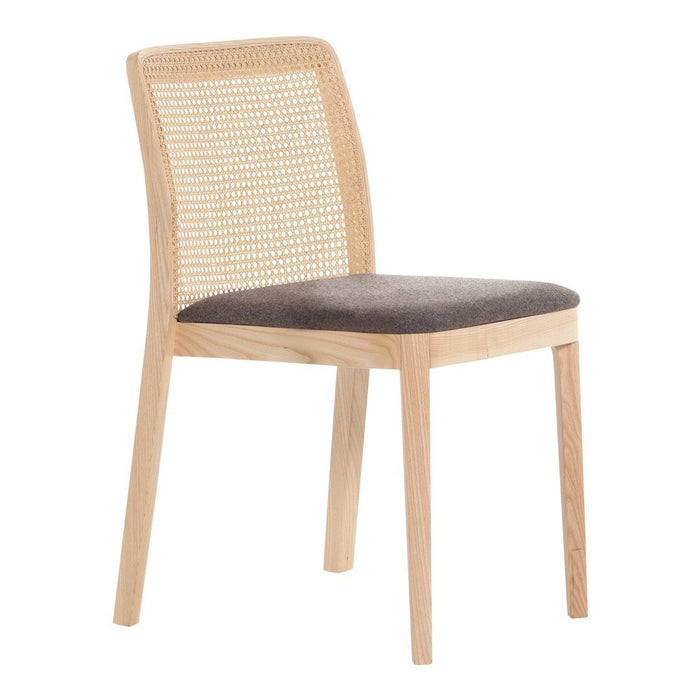 Natural wood chair with a woven rattan backrest and a dark gray upholstered seat. Modern, minimalist design.