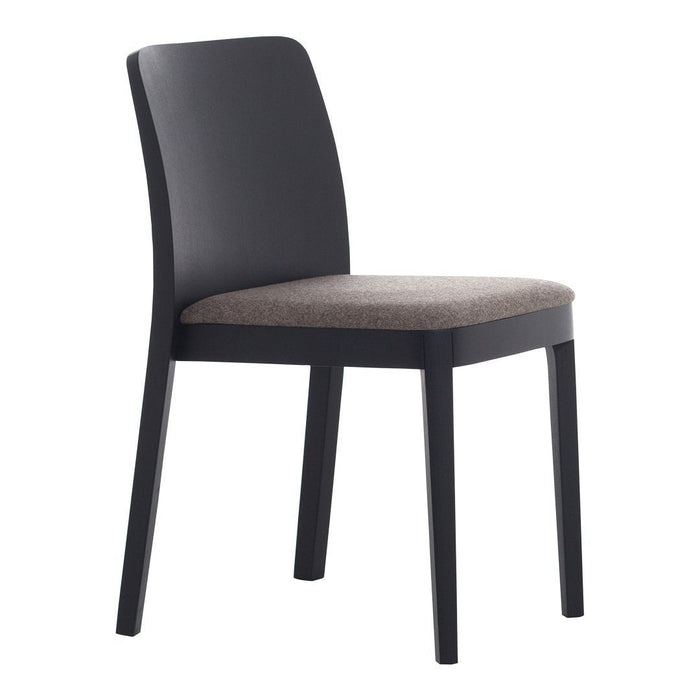 "Modern black wooden chair with a soft beige upholstered seat for a stylish look."