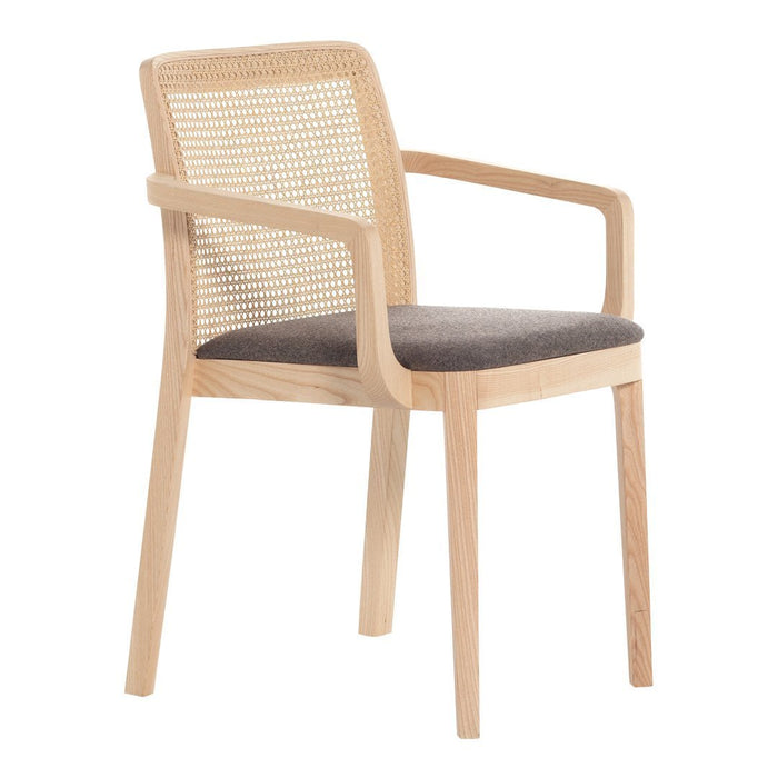 Light wood armchair with natural woven backrest and a grey upholstered seat. Modern and stylish design elements.