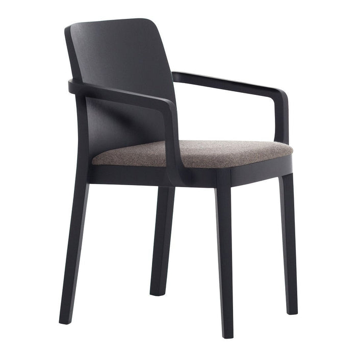 Black chair with textured gray fabric seat and sleek, minimalist design. Perfect for modern interiors.