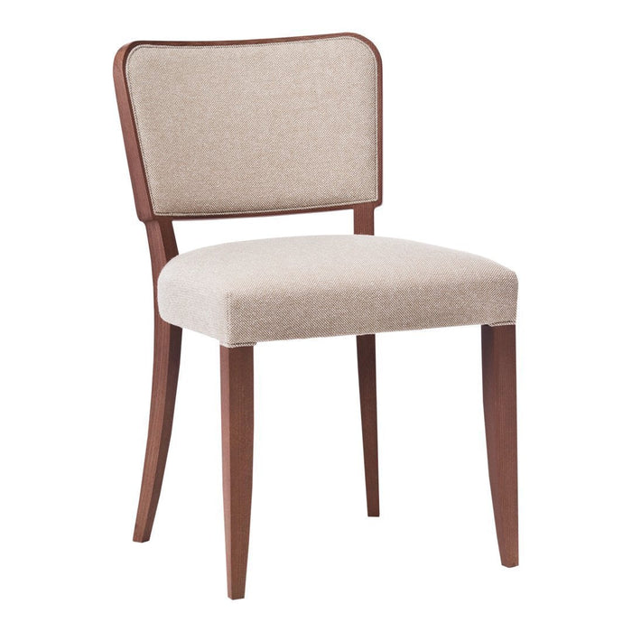 Beige upholstered chair with a sleek wooden frame and minimalist design. Perfect for modern decor.
