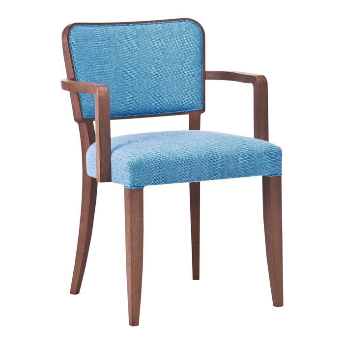 Blue upholstered chair with a textured finish and walnut wood legs. Modern design with a clean, minimalist aesthetic.