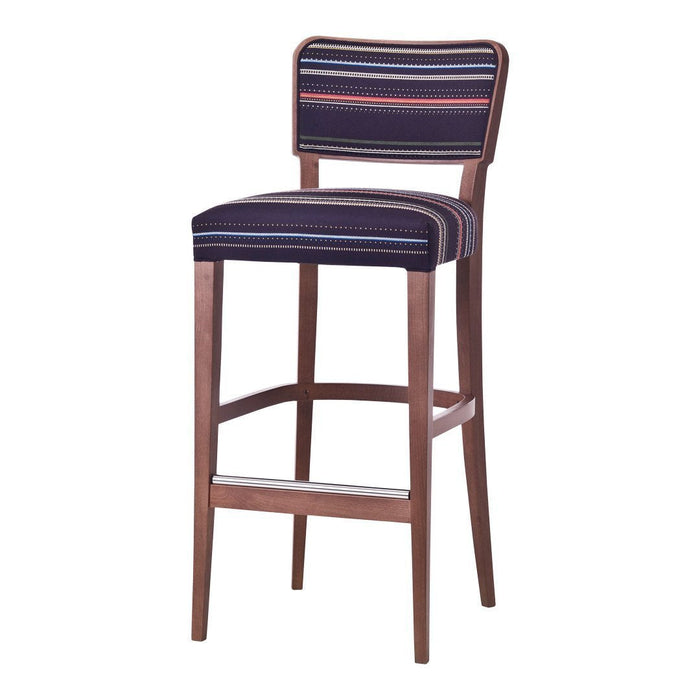Navy blue and multicolored striped upholstery on a wooden bar stool with a classic, sleek design.