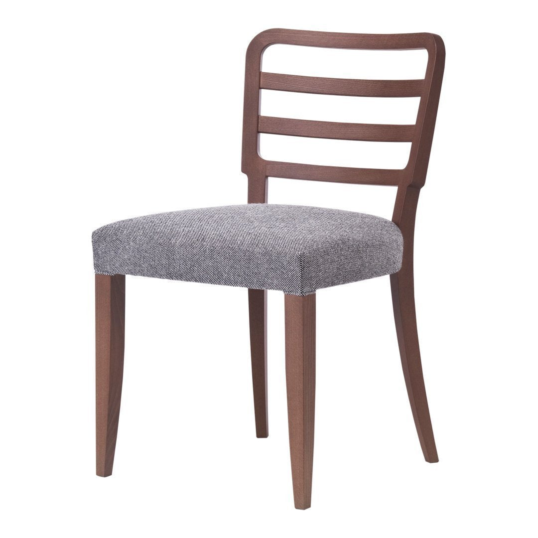 Brown wooden chair with a gray upholstered seat and a slatted backrest, featuring clean, modern lines.
