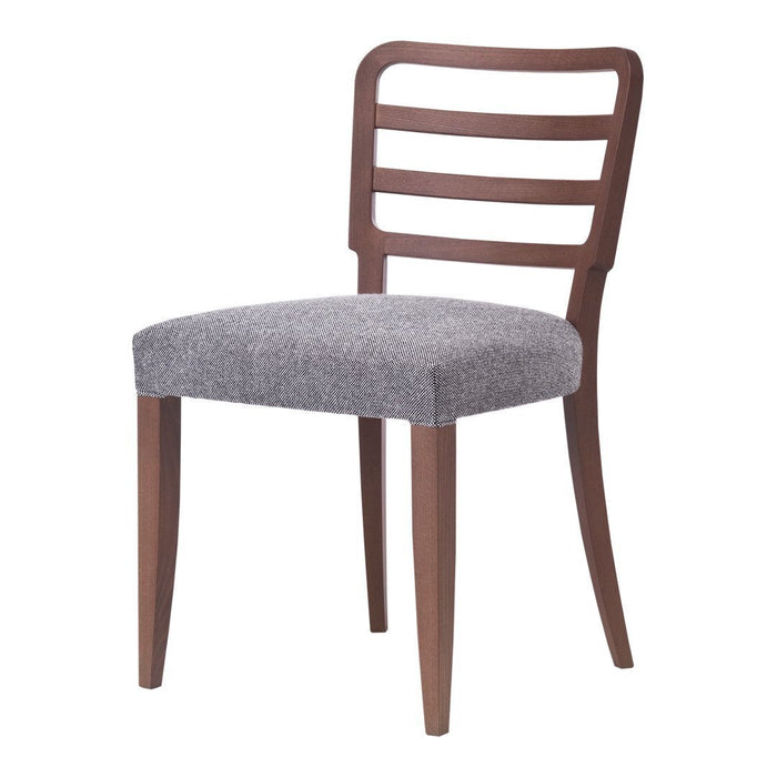Brown wooden chair with a gray upholstered seat and a slatted backrest, featuring clean, modern lines.