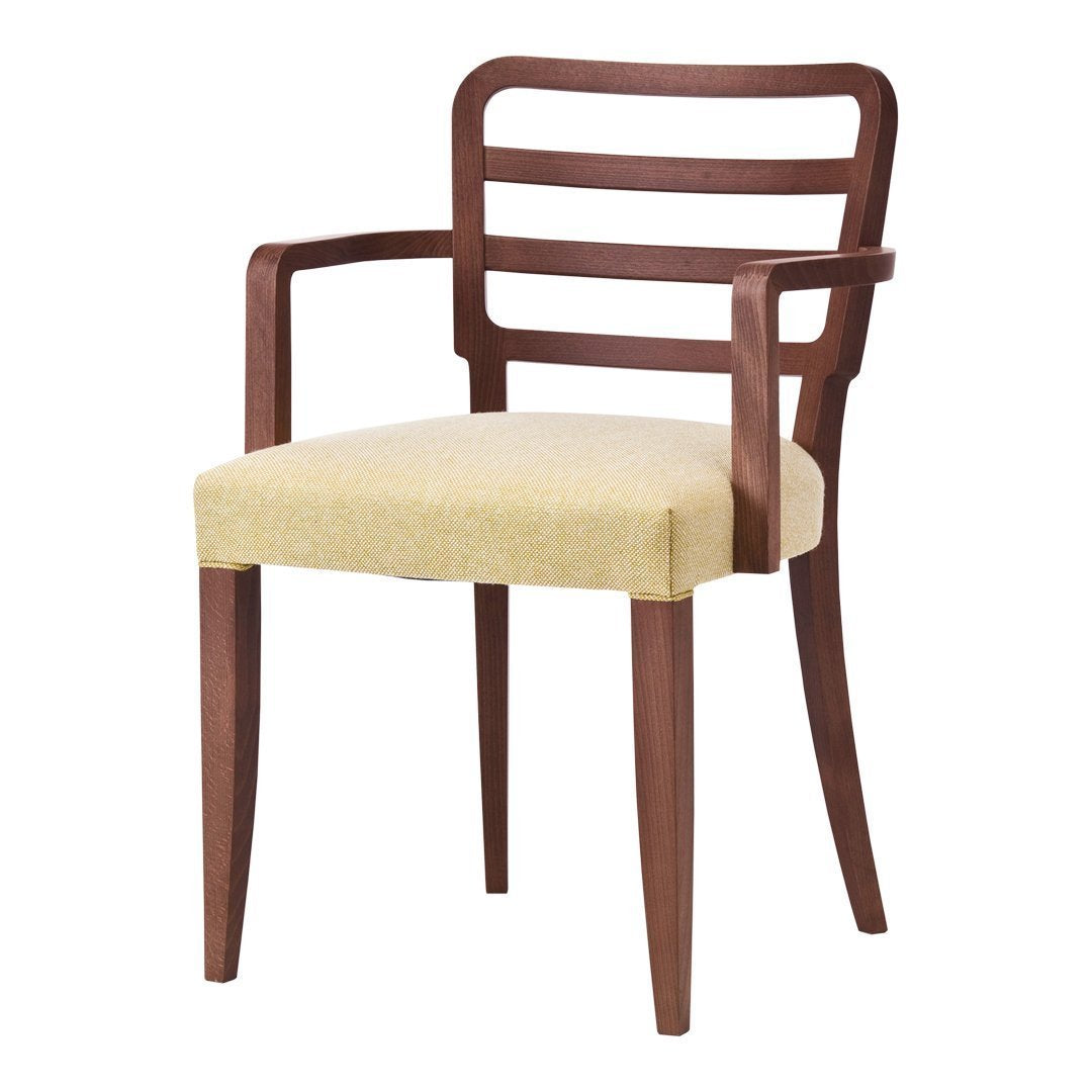 Brown wooden chair with light yellow upholstered seat and a slatted back design for modern decor.
