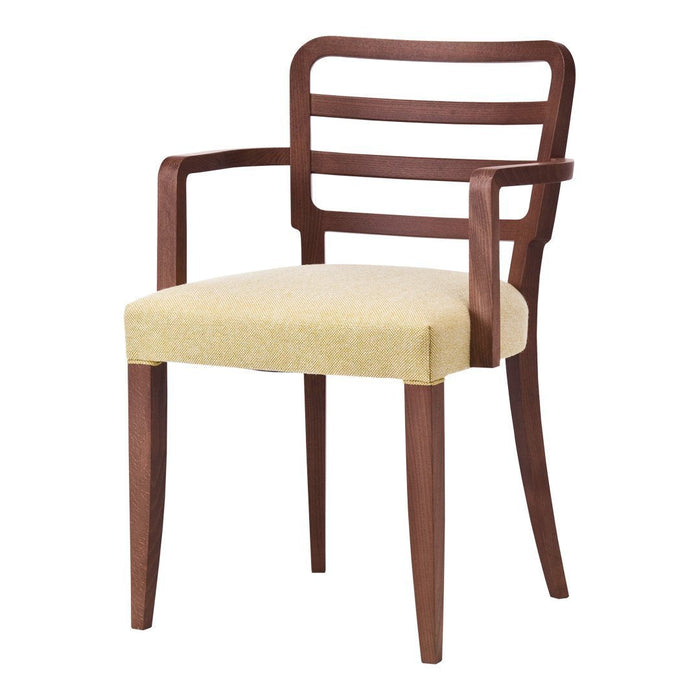Brown wooden chair with light yellow upholstered seat and a slatted back design for modern decor.