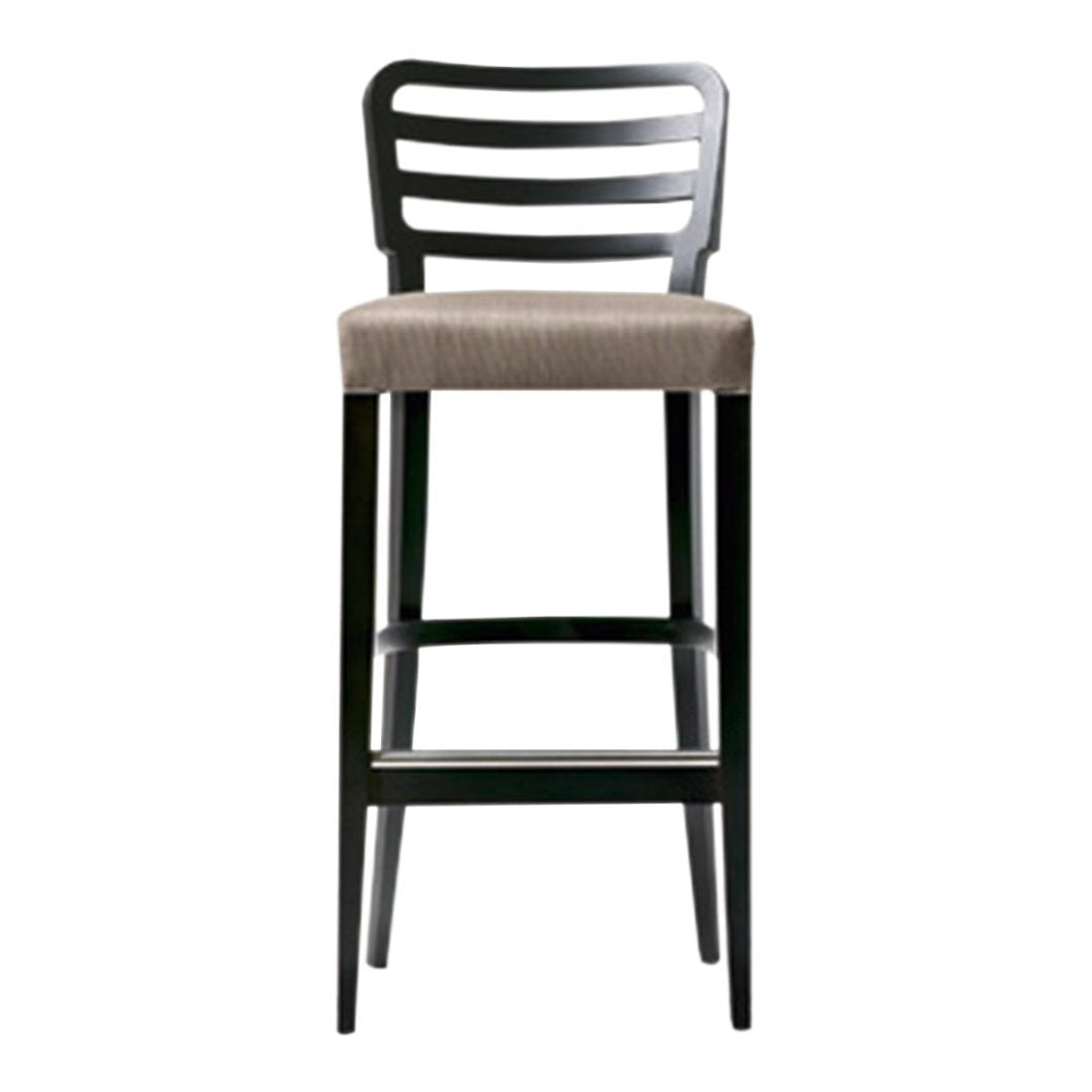 Black wooden bar stool with a slatted back and a textured beige upholstered seat. Modern, sleek design.