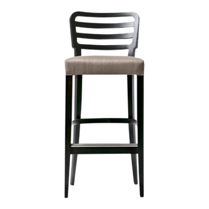 Black wooden bar stool with a slatted back and a textured beige upholstered seat. Modern, sleek design.