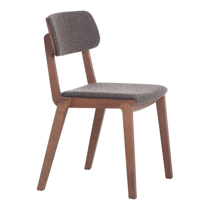 Gray upholstered chair with a smooth, minimalist design and rich wooden legs, perfect for modern interiors.
