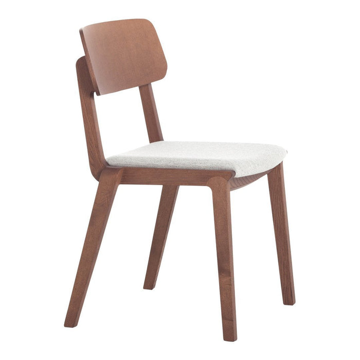 Modern wooden chair in rich walnut finish with a simple white cushion seat, showcasing clean lines and minimalistic design.