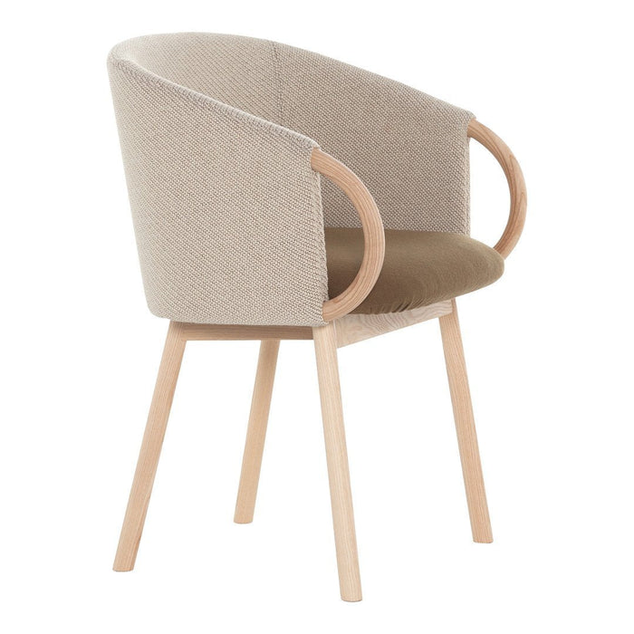 Beige and taupe fabric armchair with natural wood legs and smooth, minimalist design. Ideal for modern interiors.