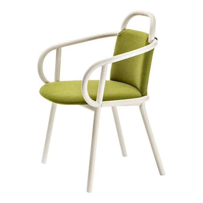 Green upholstered chair with a white frame and curved armrests, showcasing a sleek, modern design.