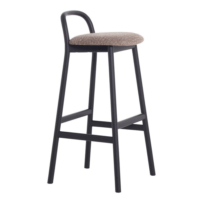 Black metal bar stool with a speckled brown fabric seat, featuring a sleek, modern design. Perfect for contemporary interiors.