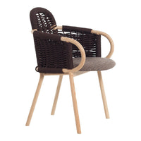 Brown woven chair with light wooden legs and a beige cushion, featuring a modern design.