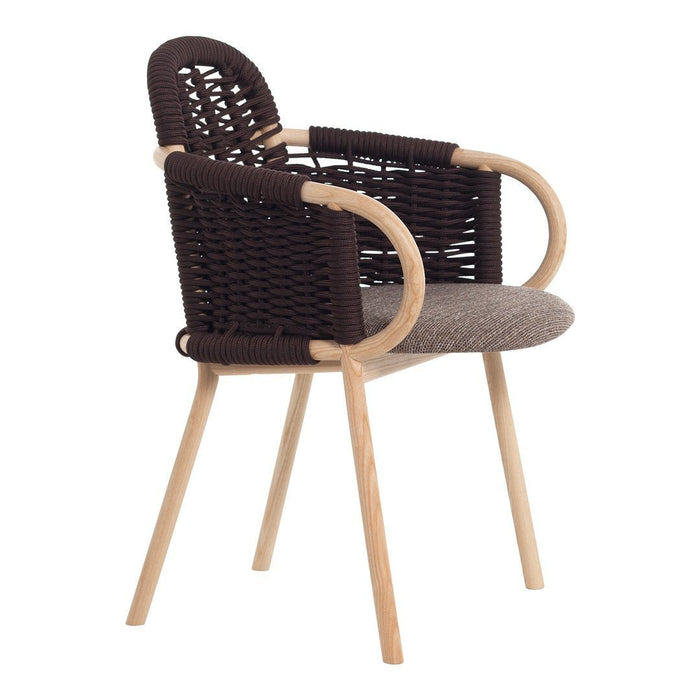 Brown woven chair with light wooden legs and a beige cushion, featuring a modern design.