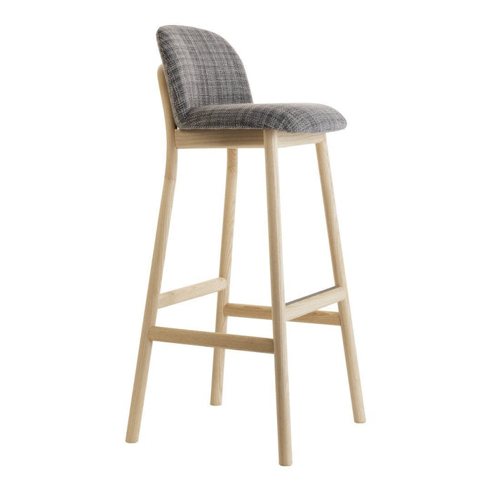 Gray checkered pattern upholstery on a modern bar stool with light wood legs. Elegant and stylish for any space.