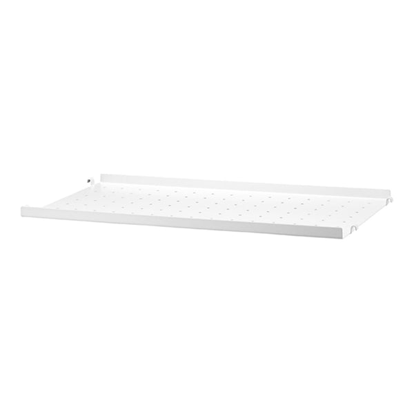 White shelf with perforated design, ideal for modern home organization, featuring a sleek, minimalist pattern.