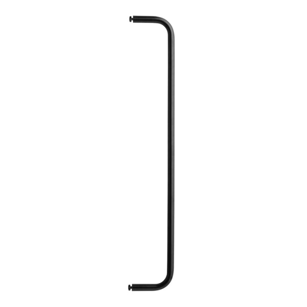 Black metal handle with a sleek, minimalist design, featuring smooth, straight lines. Perfect for modern decor.