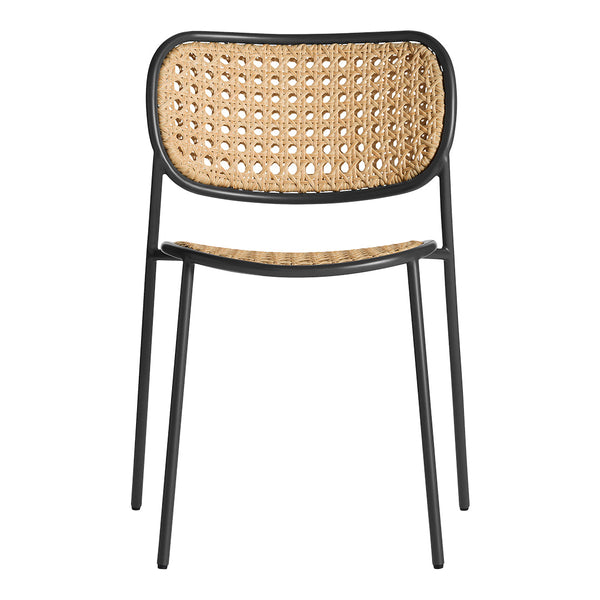 Black metal chair with a woven natural rattan seat and back, featuring a minimalist, contemporary design.
