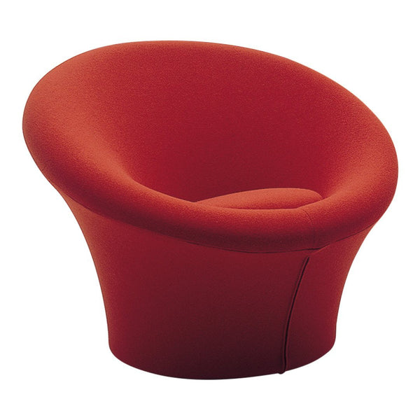 Bright red, modern bucket chair with a smooth, rounded shape and minimalist design. Perfect for stylish interiors.