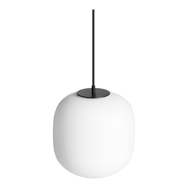 White spherical glass pendant lamp with a sleek black hanging cord and minimalist design. Ideal for modern decor.