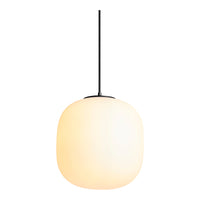 Soft white glass pendant lamp with a rounded shape and sleek black cord, perfect for modern interiors.