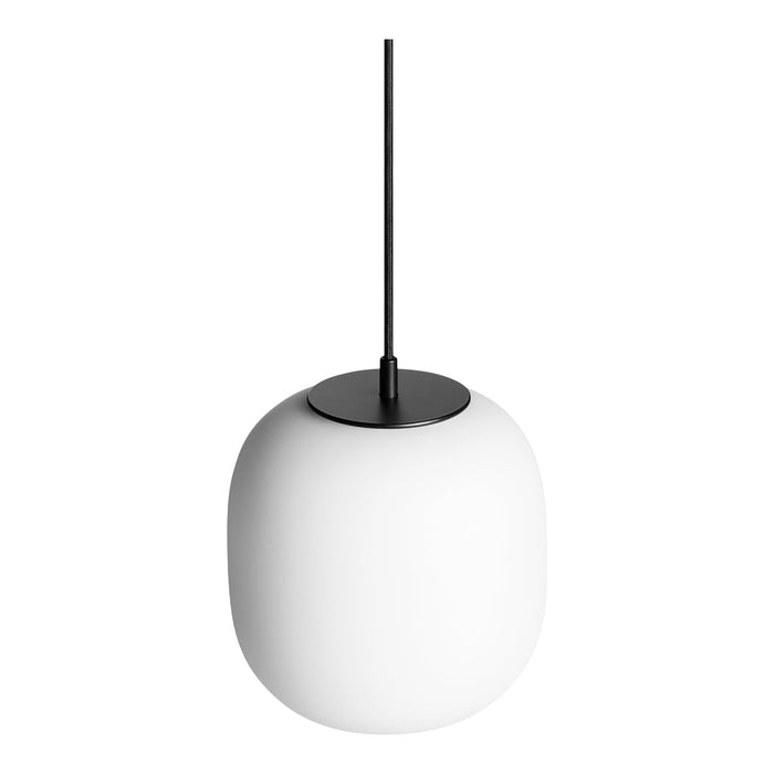 White glass pendant lamp with a sleek black metal hanging cord, featuring a minimalist round shape.
