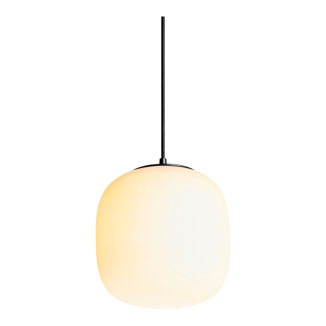 White glass pendant lamp with a smooth, rounded shape and black metal accents, perfect for modern decor.