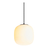 White glass pendant lamp with a smooth, rounded shape and black metal accents, perfect for modern decor.