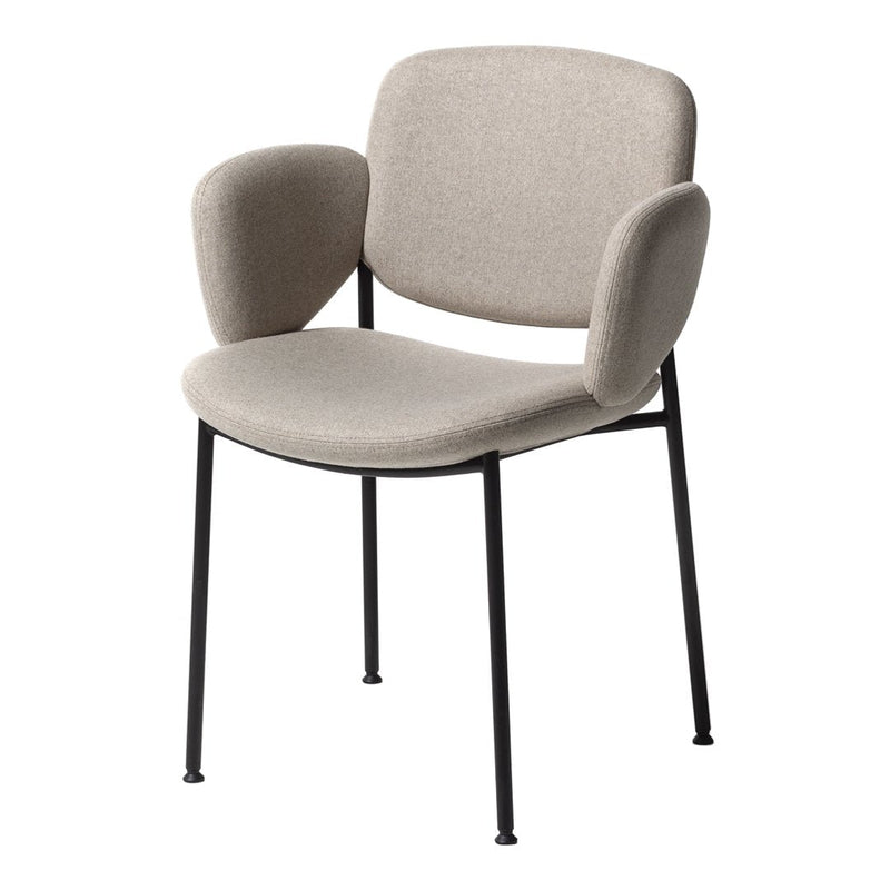 Light grey upholstered chair with curved arms and black metal legs. Simple and modern design ideal for minimalist decor.