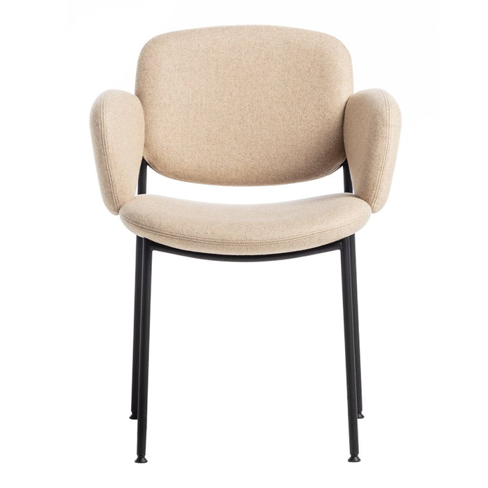 Beige upholstered chair with soft curves and black metal legs, perfect for modern decor.