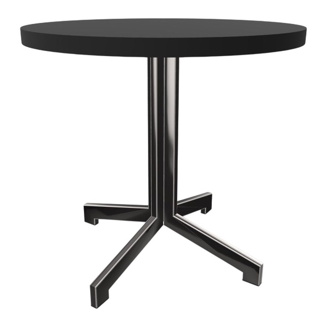 Black round table with a sleek chrome base, showcasing a modern minimalist design.