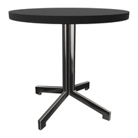 Black round table with a sleek chrome base, showcasing a modern minimalist design.