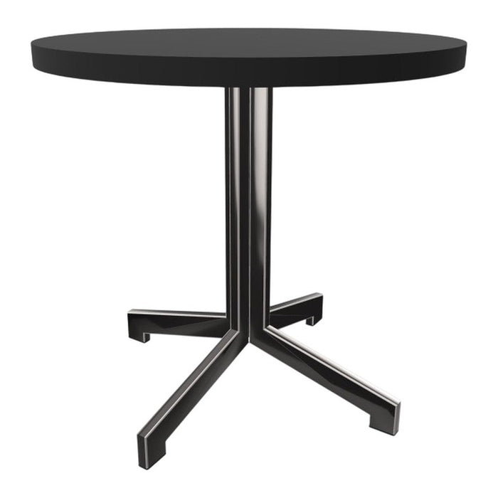 Black round table with a sleek chrome base, showcasing a modern minimalist design.