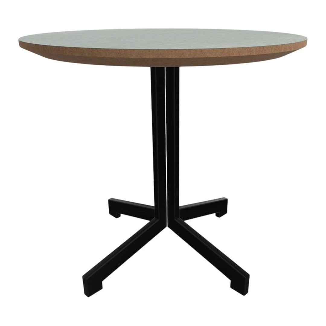 Round table with a light grey top, natural wood edge, and a sleek black metal base design.